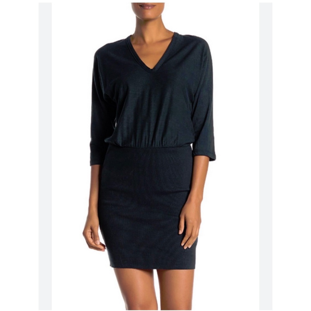 James Perse Black V-Neck Mixed Media Ribbed Skirt Dress WVD6472 Size 3 Large‎